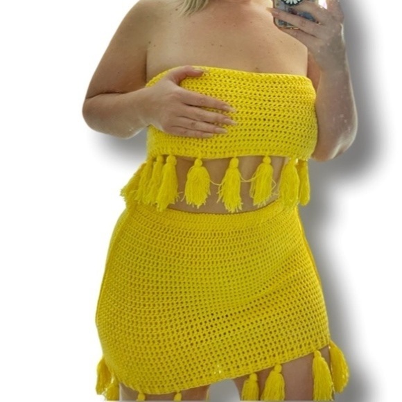 Elexiay 2pc yellow set crochet handmade skirt top - Picture 6 of 8